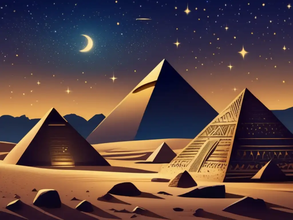 Astronomía en la religión egipcia: La noche estrellada sobre el desierto antiguo revela constelaciones brillantes y una pirámide imponente, testigo de la sabiduría ancestral