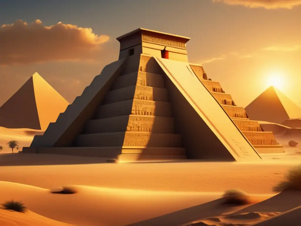 Un atardecer dorado ilumina un antiguo templo egipcio, dedicado a la adoración en templos solares Egipto