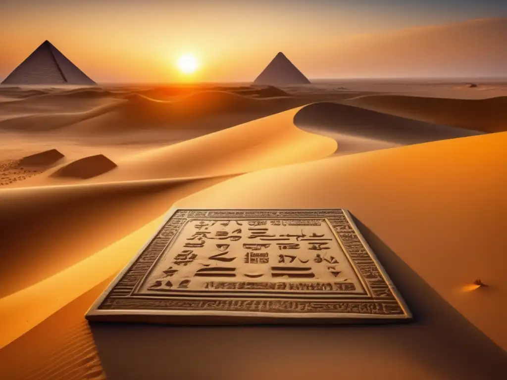 Un atardecer dorado en el desierto egipcio revela una antigua tableta con inscripciones jeroglíficas