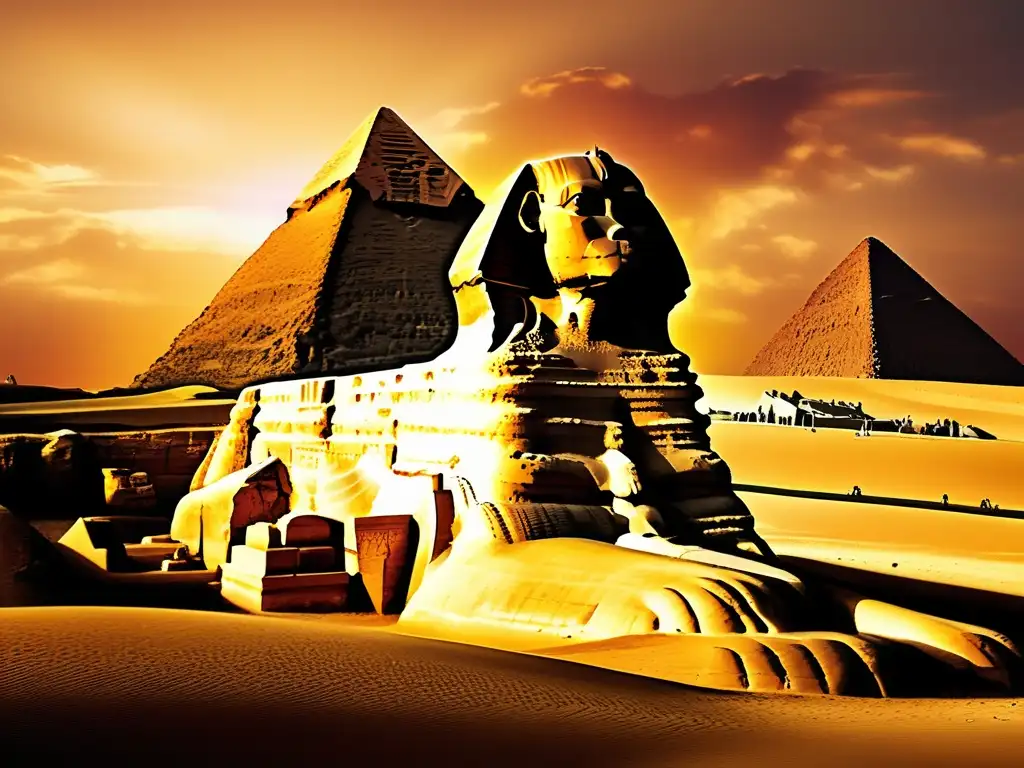 Atardecer dorado sobre la Gran Esfinge de Giza y la Pirámide de Khafre, resaltando la majestuosidad del faraón y la historia antigua