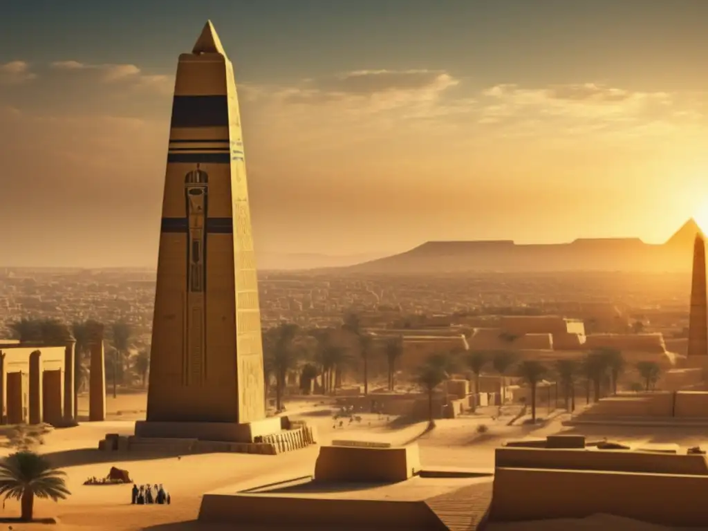 Un atardecer dorado en Heliópolis, Egipto, con obeliscos egipcios majestuosos y sombras alargadas