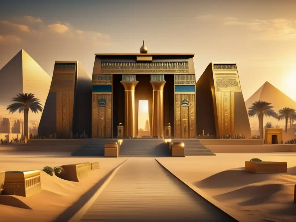 Un atardecer dorado ilumina un templo egipcio adornado con metales preciosos, reflejando el uso opulento en la arquitectura egipcia