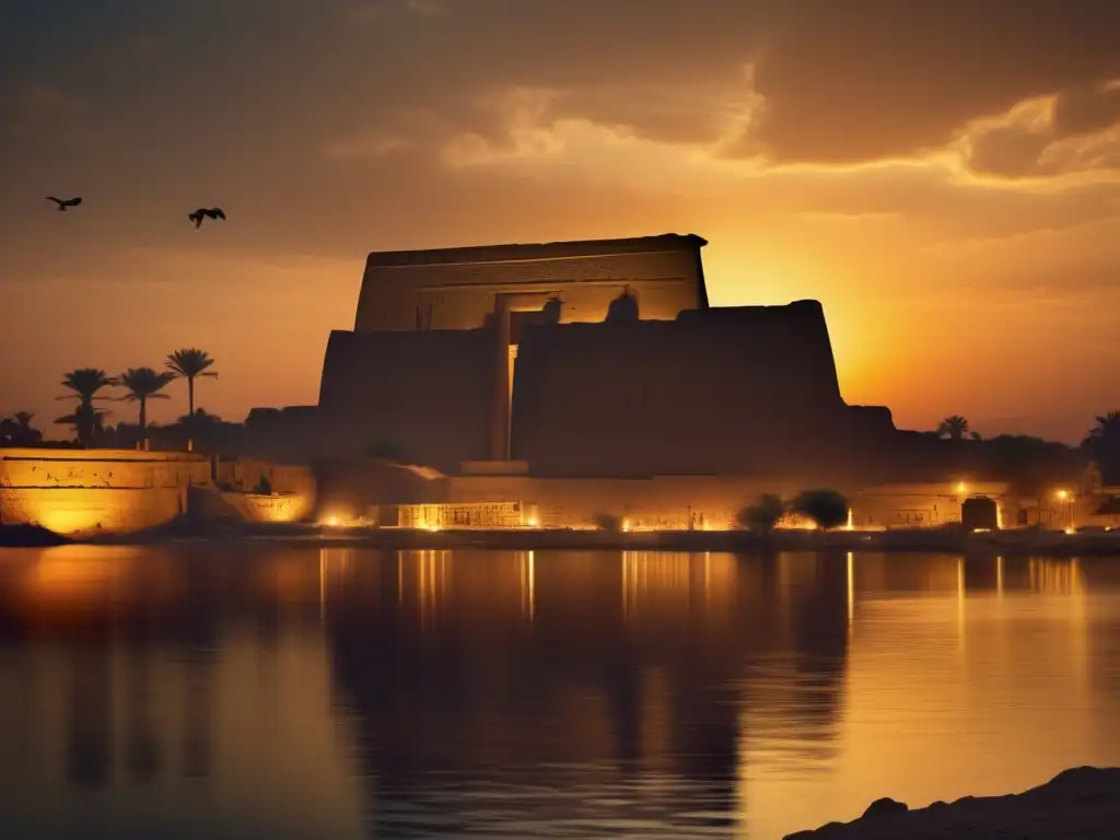 Un atardecer en la isla de Elefantina, con el majestuoso río Nilo y el templo del culto a Khnum en primer plano