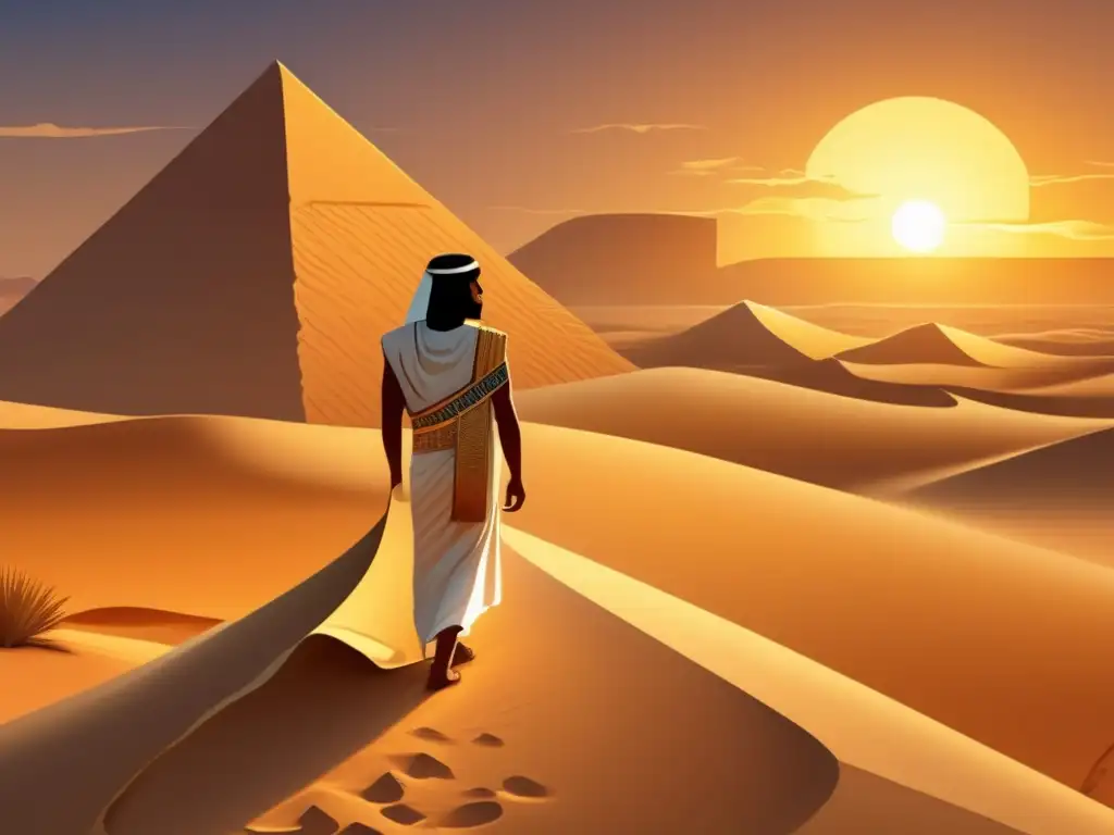 Un atardecer en el vasto desierto egipcio, iluminado por la cálida luz dorada del sol poniente