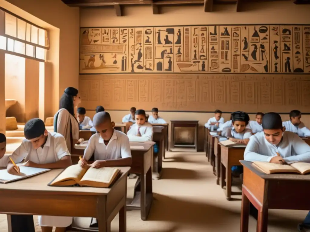Un aula egipcia antigua llena de estudiantes y un profesor, con jeroglíficos en las paredes y papiros y materiales de escritura en los pupitres