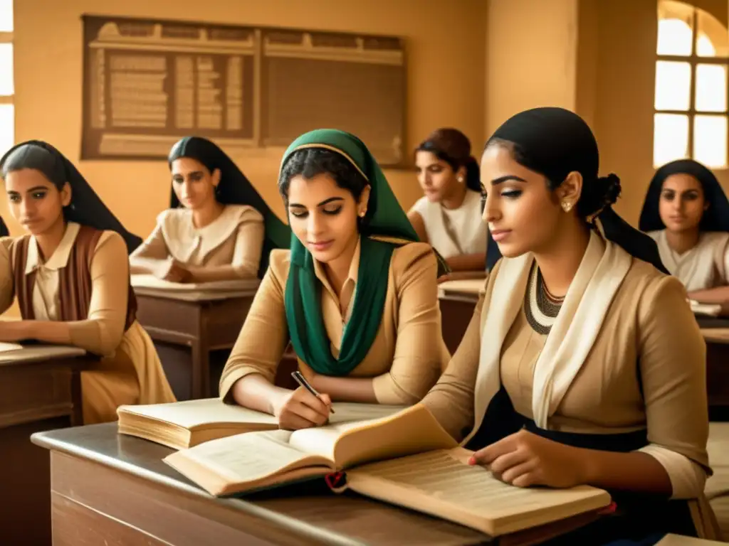 Un aula nostálgica llena de mujeres egipcias vestidas con ropa tradicional, inmersas en sus estudios