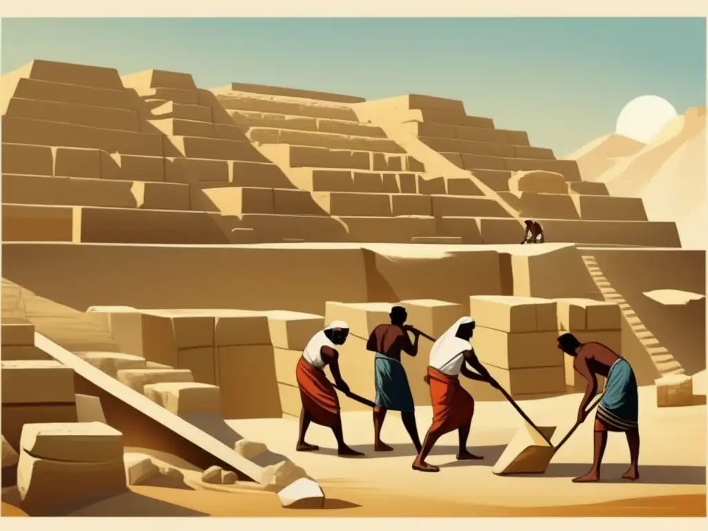Avances en la construcción de pirámides: Trabajadores egipcios antiguos sudorosos, musculosos y determinados, transportando bloques de piedra bajo el ardiente sol