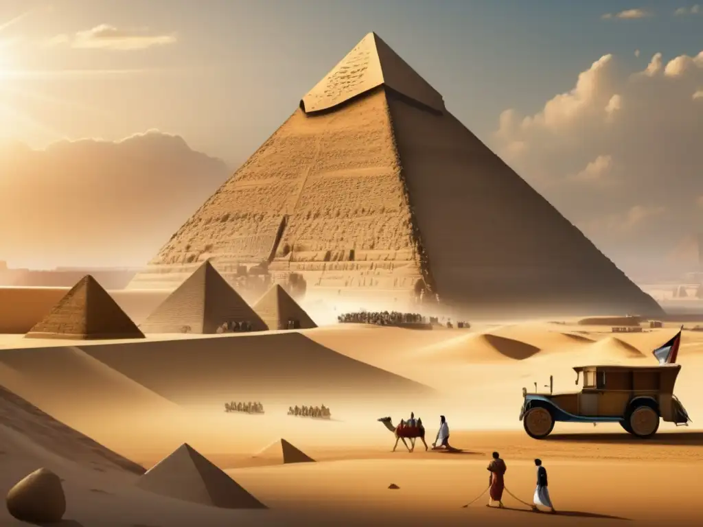 Avances tecnológicos en la construcción egipcia: La imagen muestra la majestuosidad de la Gran Pirámide de Giza, rodeada de estructuras icónicas y reflejada en el sereno río Nilo al atardecer