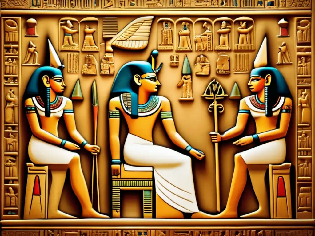 Bajorrelieve egipcio antiguo del faraón Ramsés II en su trono rodeado de leales cortesanos
