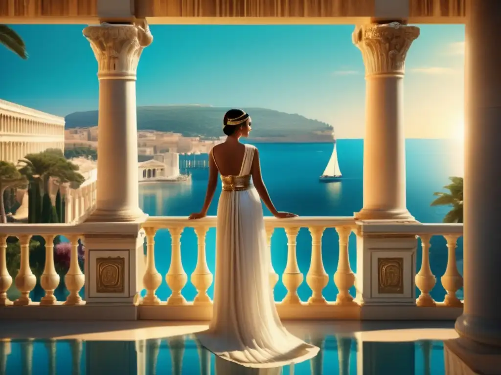 Cleopatra en un balcón de un antiguo palacio romano, contemplando el escenario mediterráneo con romance y añoranza