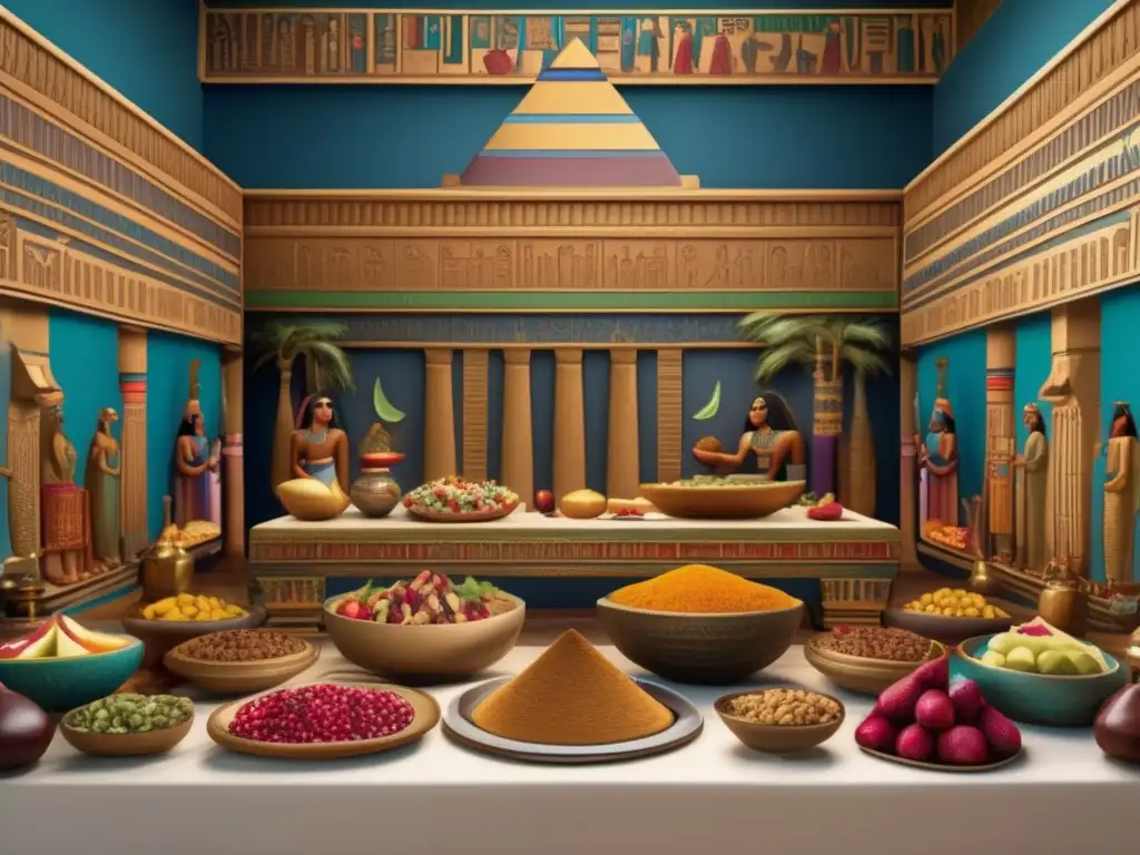 Un banquete antiguo egipcio se despliega en una sala grandiosa, decorada con jeroglíficos intrincados