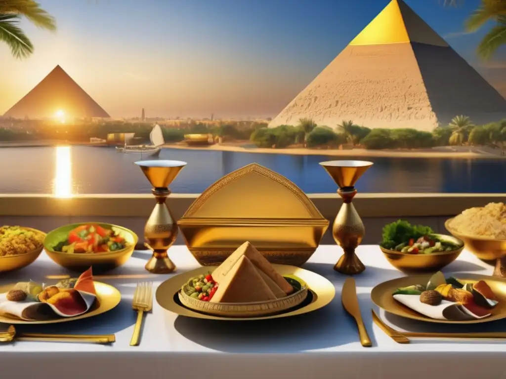 Un banquete antiguo en Egipto con recetas tradicionales del Antiguo Egipto, en un escenario majestuoso de pirámides y el río Nilo