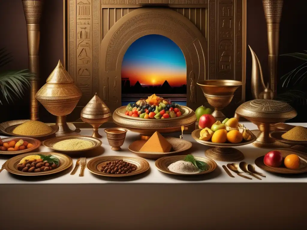 Un banquete egipcio exquisito, rodeado de jeroglíficos y artefactos antiguos