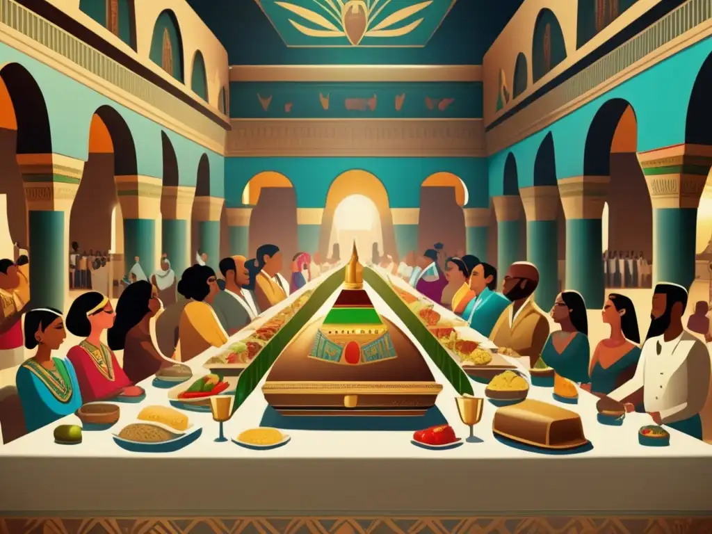 Un banquete funerario en el antiguo Egipto: una sala lujosa con jeroglíficos, comida exótica y músicos