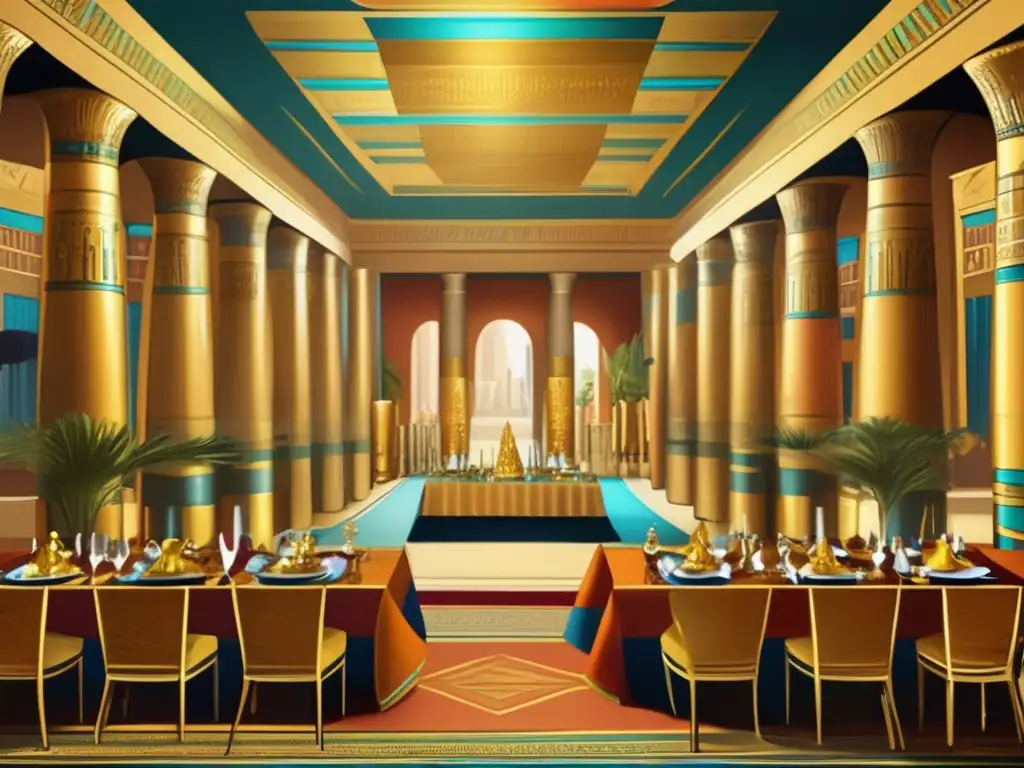Esplendor en el antiguo Egipto: un banquete real lleno de lujo y exotismo Gastronomía en banquetes egipcios: lujoso salón decorado con columnas, tapices y hieroglíficos