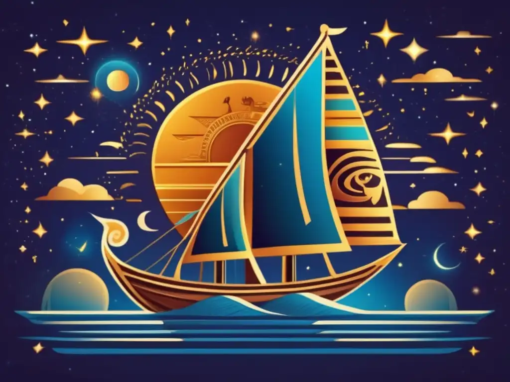 Una ilustración vintage de una barca solar egipcia antigua navegando por las aguas celestiales del cielo