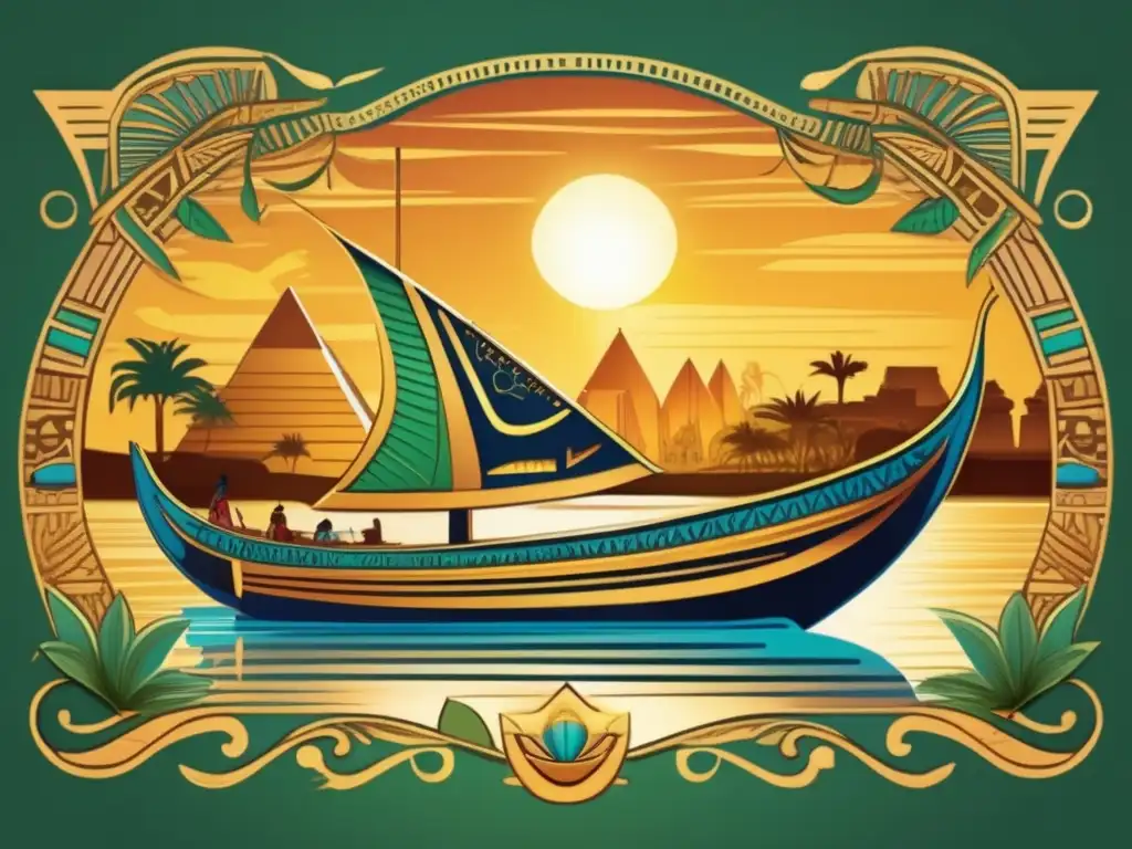 Una ilustración vintage de una barca solar egipcia decorada con detalles exquisitos y colores vibrantes