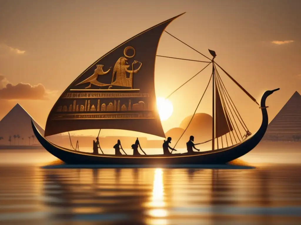 Una barca solar egipcia, detallada en 8k y estilo vintage, deslizándose graciosamente por las serenas aguas del Nilo