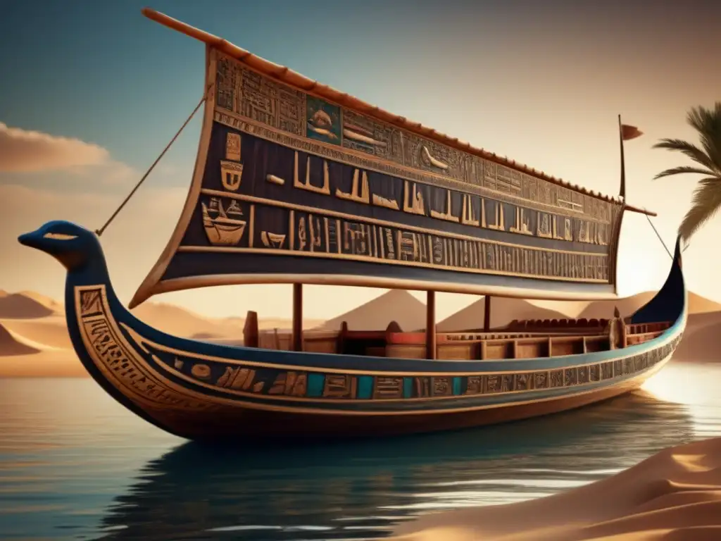 Barca solar egipcia, detalle vintage de madera oscura con adornos dorados, navegando en un paisaje sereno de agua y vegetación exuberante