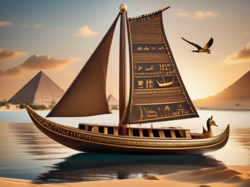 Barca solar egipcia, preservada y adornada con jeroglíficos intrincados, navega graciosamente en un mar celestial tranquilo