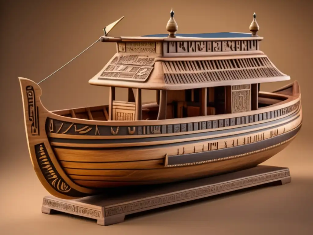 Una barca solar de madera tallada con símbolos y jeroglíficos, evocando la mitología y arqueología del antiguo Egipto