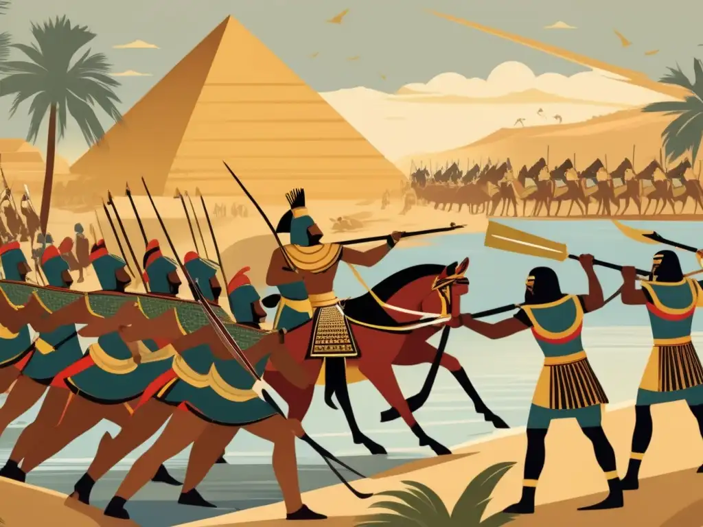 Una ilustración vintage de batalla en el antiguo Egipto muestra estrategias militares en las orillas del Nilo