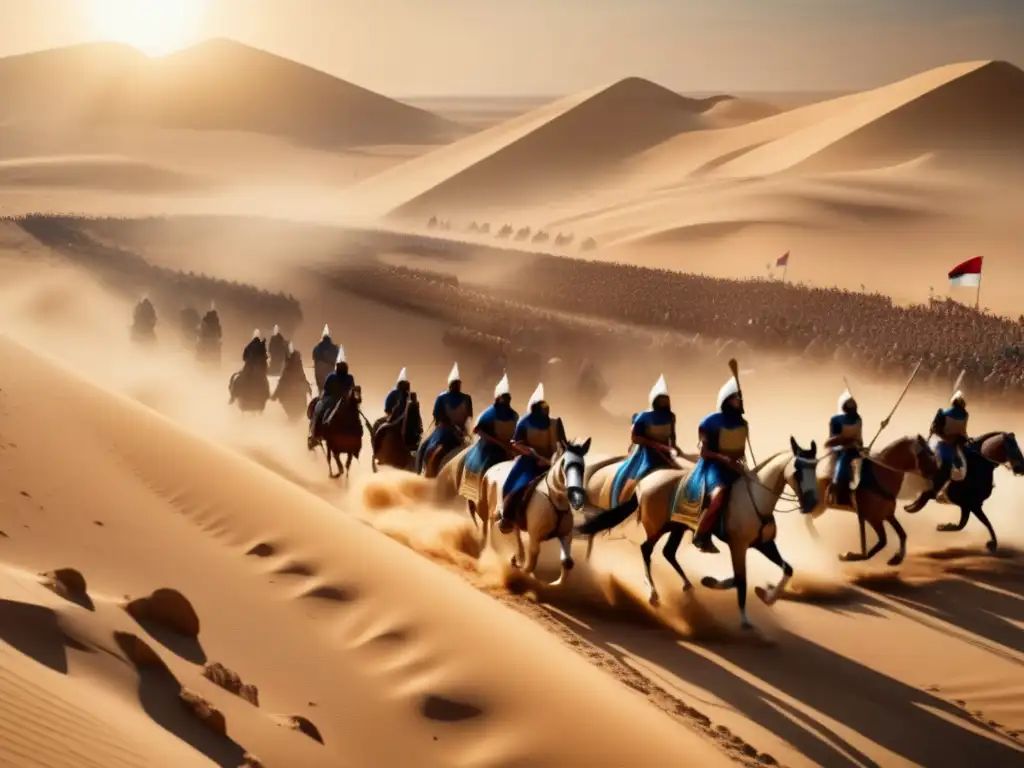 Batalla de Kadesh: Ramsés II lidera la carga en un paisaje desértico, con arena y sol intensos