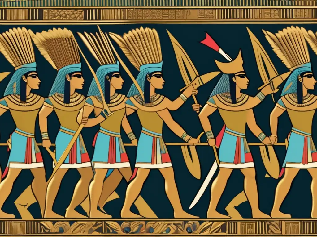 Batalla épica en el antiguo Egipto con soldados usando armamentos defensivos, armaduras y cascos ornamentados