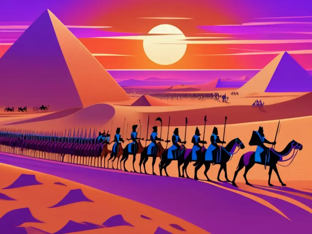 Batalla de Kadesh en Egipto: Dos poderosos ejércitos chocan en un paisaje desértico al atardecer, lleno de caos y tensión