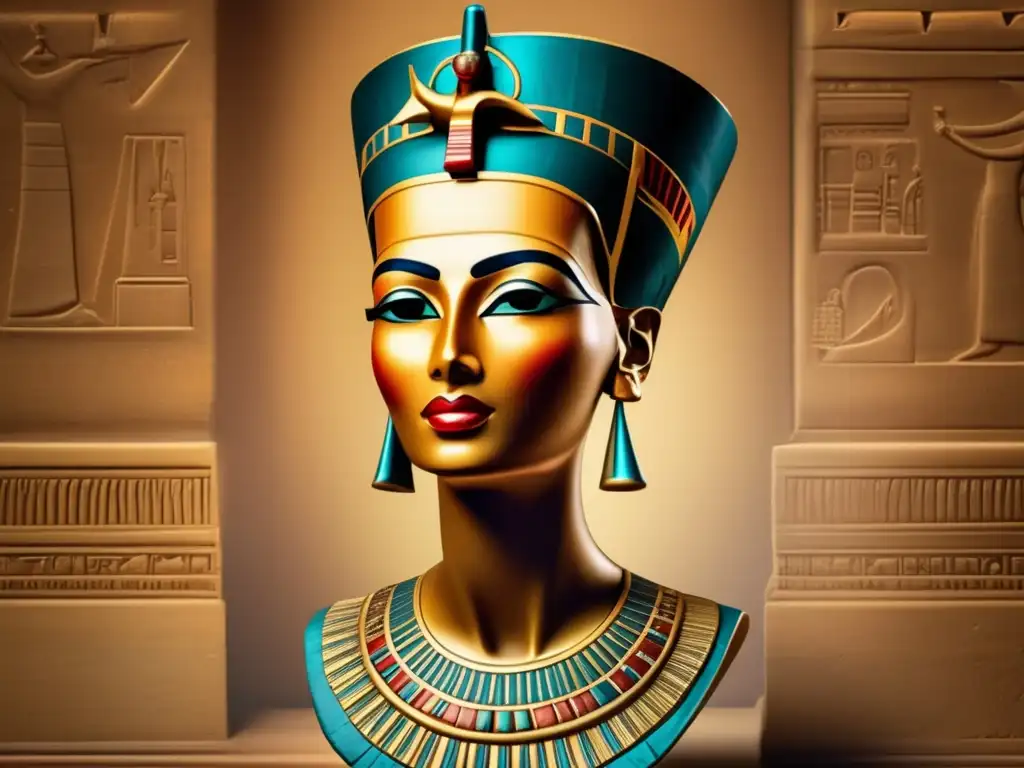 Fascinación por la Belleza del Antiguo Egipto: Detallada imagen de la antigua estatua de la Reina Nefertiti, cautivando con su rostro delicado y labios escultóricos, en un escenario vintage que evoca la nostalgia de la era de la egiptología