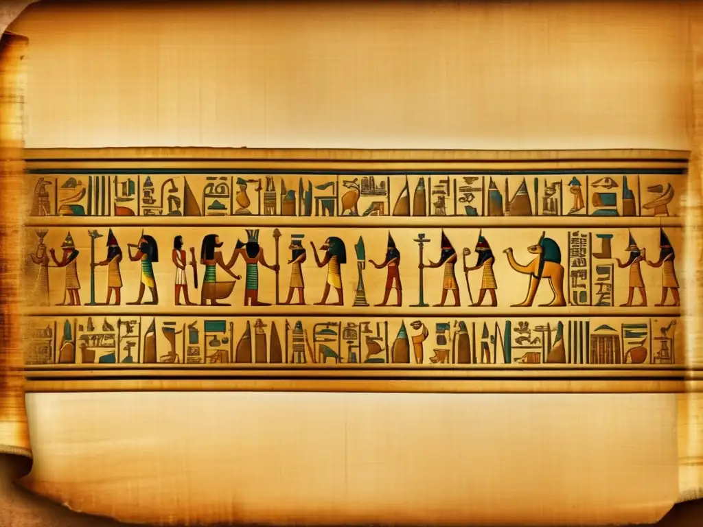 Descubre la belleza y el misterio de los jeroglíficos egipcios en este antiguo papiro desplegado, una guía para principiantes en papirología egipcia