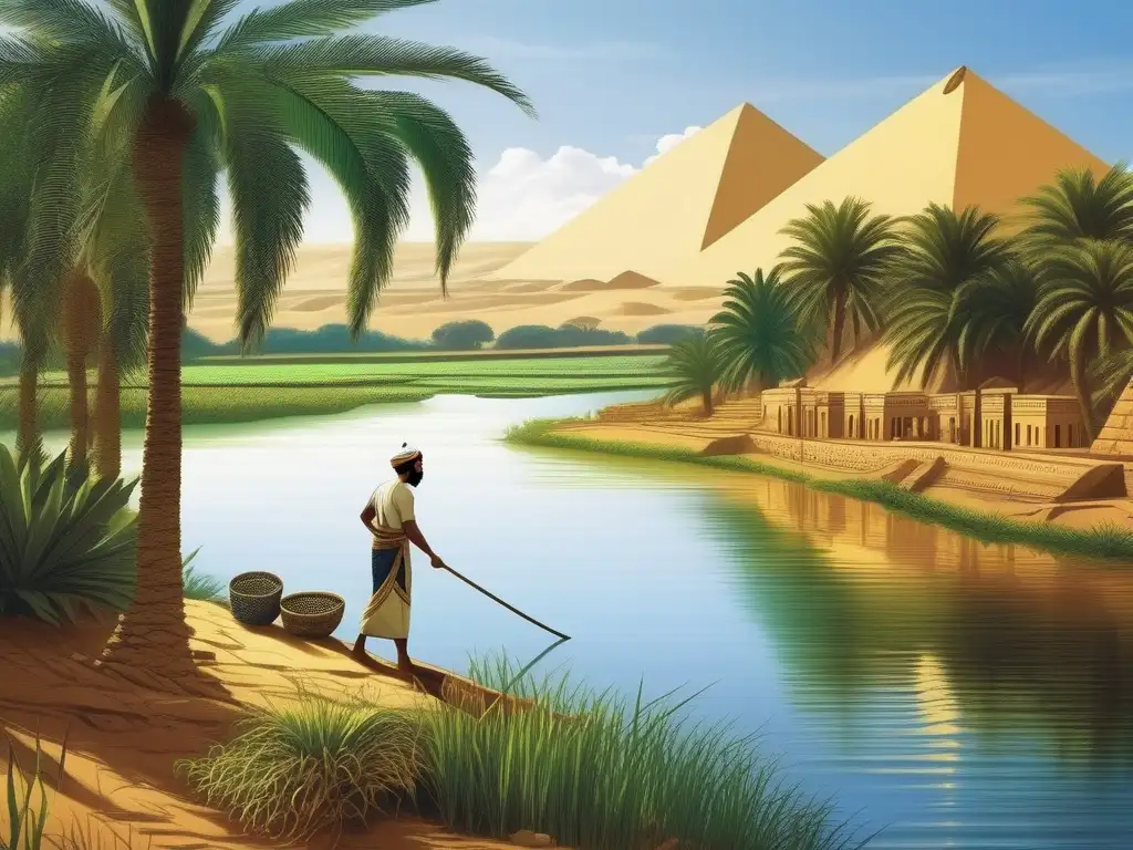 La belleza serena del río Nilo fluye a través del antiguo paisaje egipcio, reflejando el vibrante cielo azul