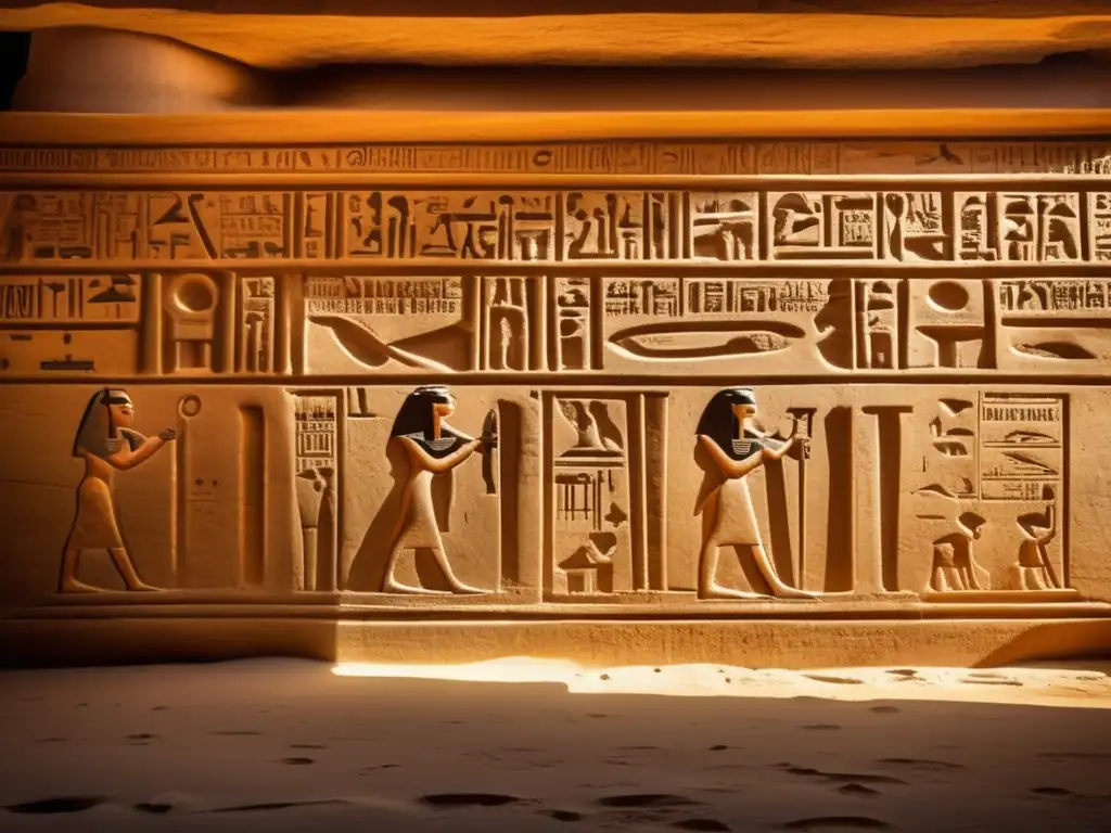 La función y belleza de los textos egipcios se revelan en las intrincadas escrituras talladas en las paredes de un antiguo templo