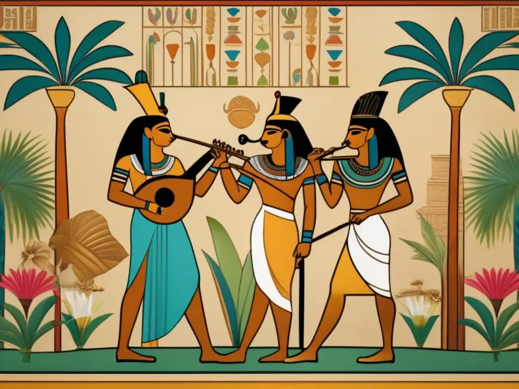 Bello mural egipcio antiguo muestra músicos tocando instrumentos musicales en un exuberante jardín, rodeados de palmeras y flores de loto