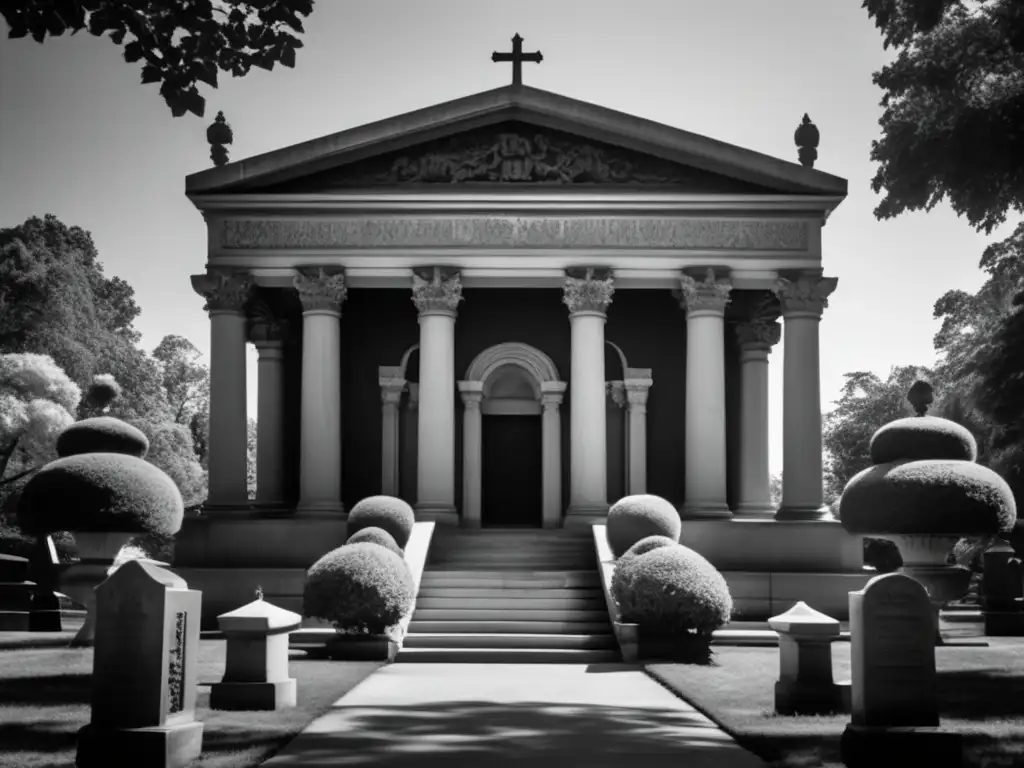 Una fotografía en blanco y negro estilo vintage muestra un imponente mausoleo en un cementerio