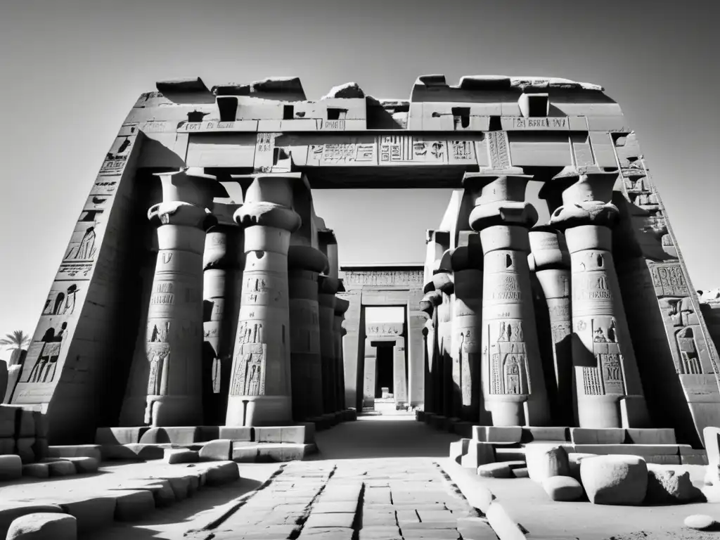 Una fotografía en blanco y negro de la imponente fachada del Templo de Karnak en Luxor, Egipto
