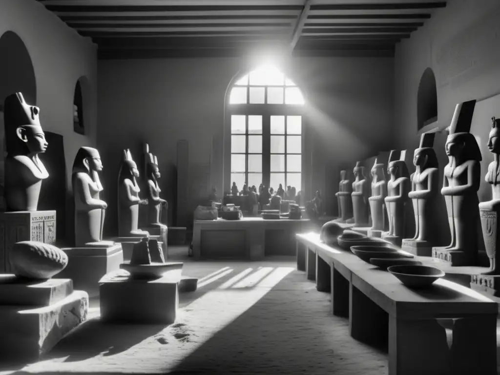 Una fotografía en blanco y negro muestra el taller de escultura egipcia, donde los artesanos crean meticulosamente estatuas y esculturas