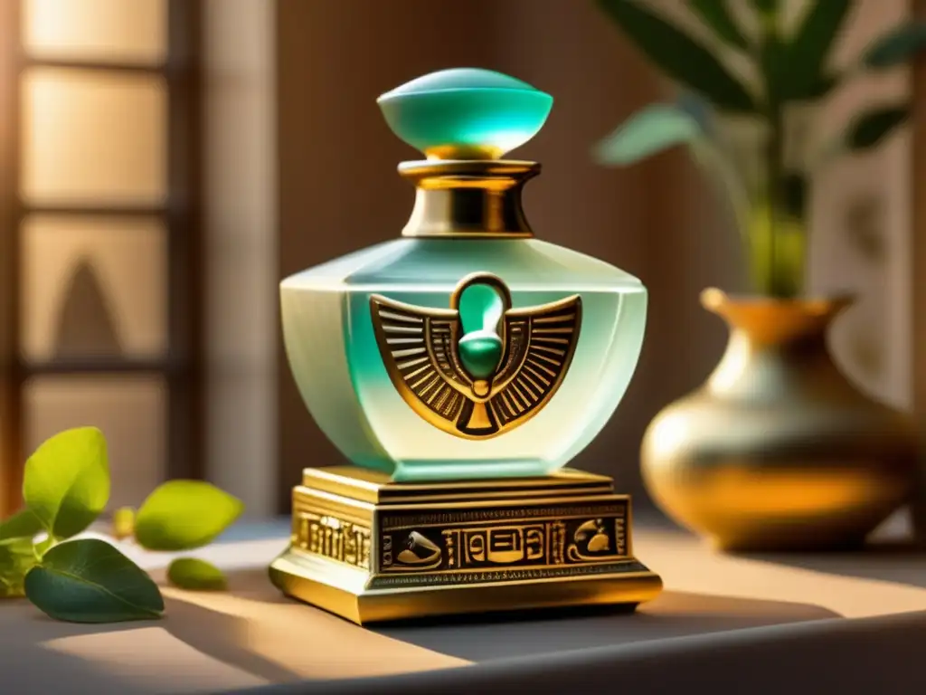 Una botella de perfume antigua egipcia, adornada con alabastro translúcido y hieroglíficos, resplandece en un pedestal dorado