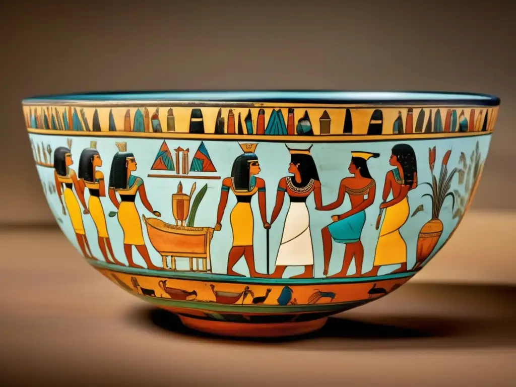 Bowl de cerámica antiguo Egipto significado: Detallada imagen ultradetallada 8k de un tazón egipcio con escenas de la vida cotidiana