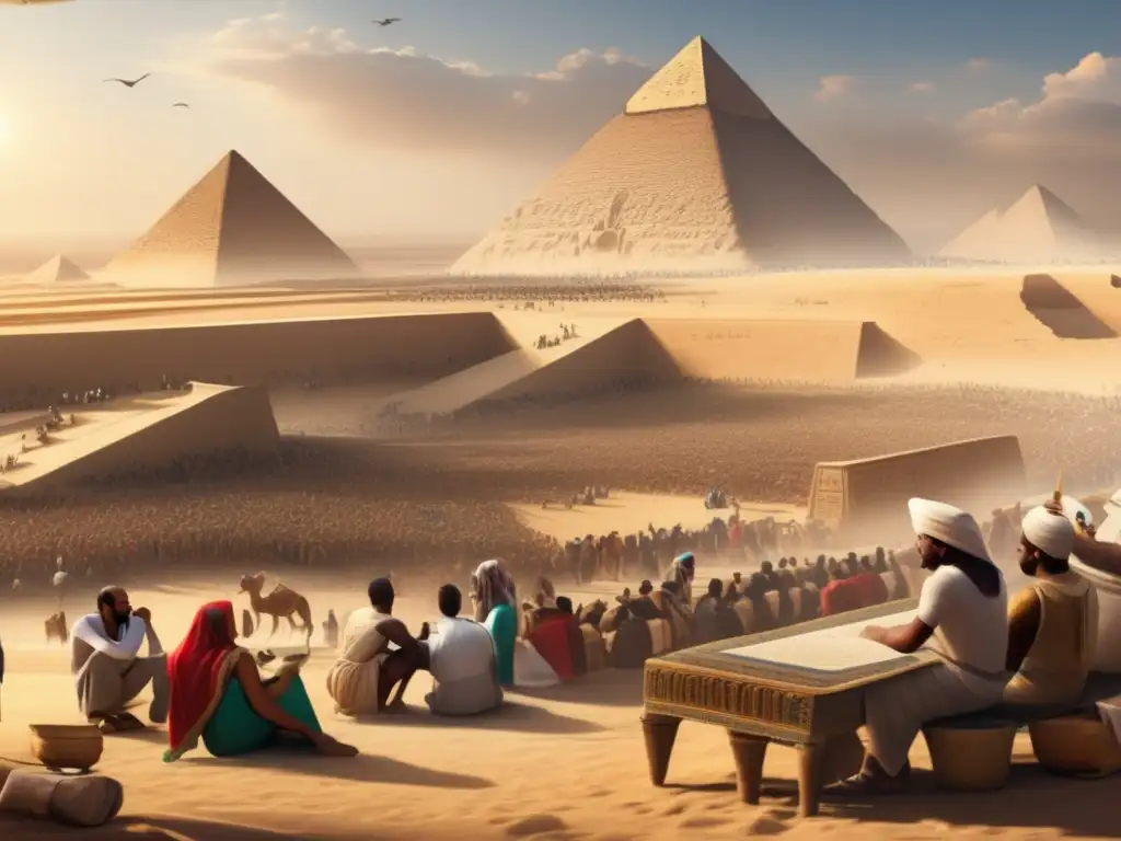 Bulliciosa escena en el antiguo Egipto: sacerdotes egipcios trabajan diligentemente en papiros, destacando el uso de papiros en Egipto