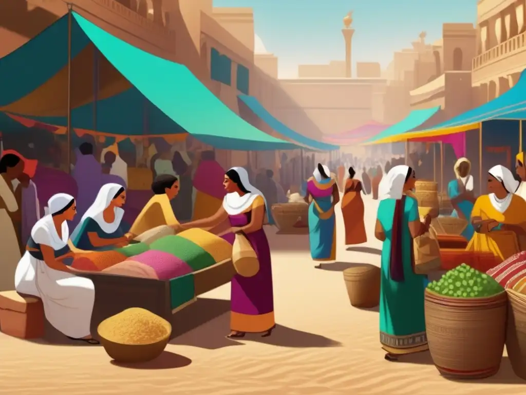 Bulliciosa escena en un mercado antiguo de Egipto durante el Tercer Periodo Intermedio