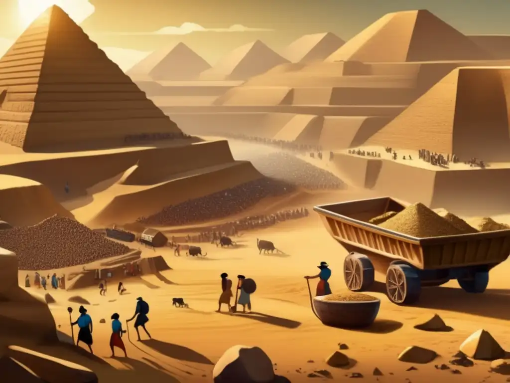 Una ilustración vintage de una bulliciosa escena minera en el antiguo Egipto, destacando la importancia de la minería en el Imperio Antiguo