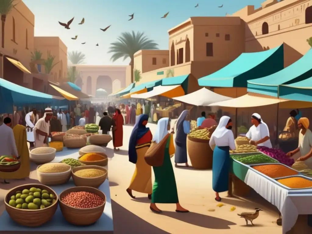 Un bullicioso mercado al aire libre en el antiguo Egipto, lleno de colores vibrantes y actividad frenética