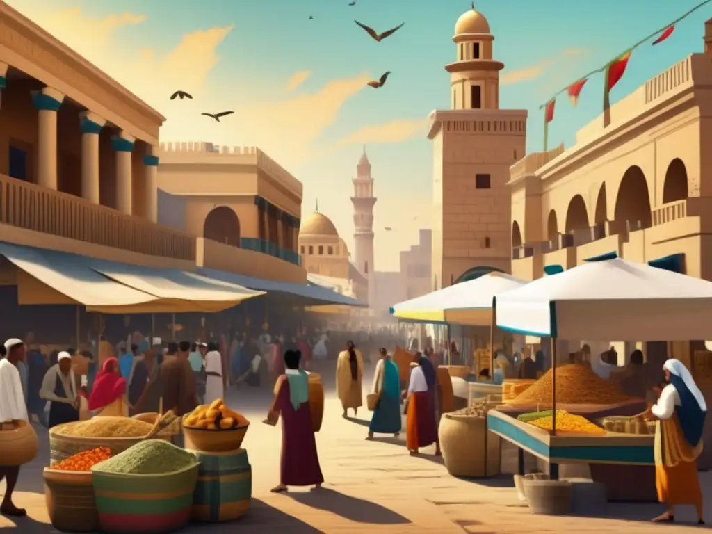 Un bullicioso mercado en la antigua Alejandría, Egipto, muestra la fusión de culturas del Egipto Ptolemaico