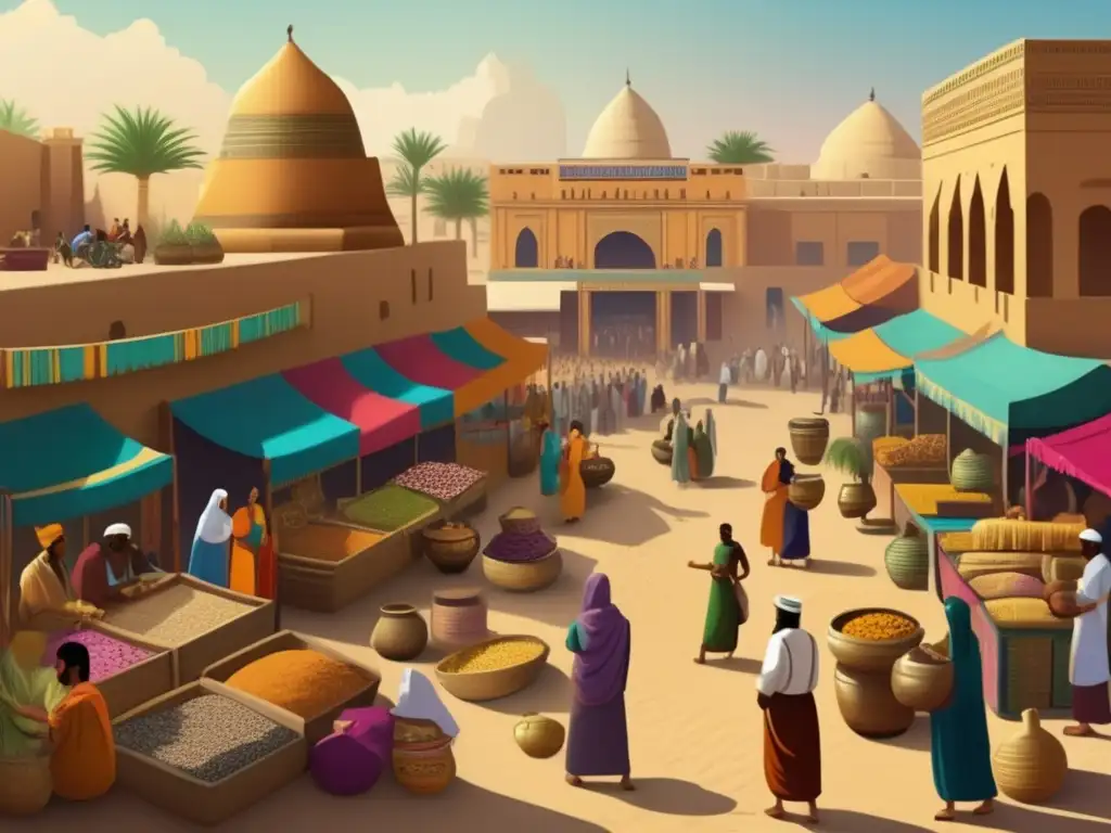 Un bullicioso mercado en la antigua Mesopotamia, reflejando el intercambio cultural con Egipto