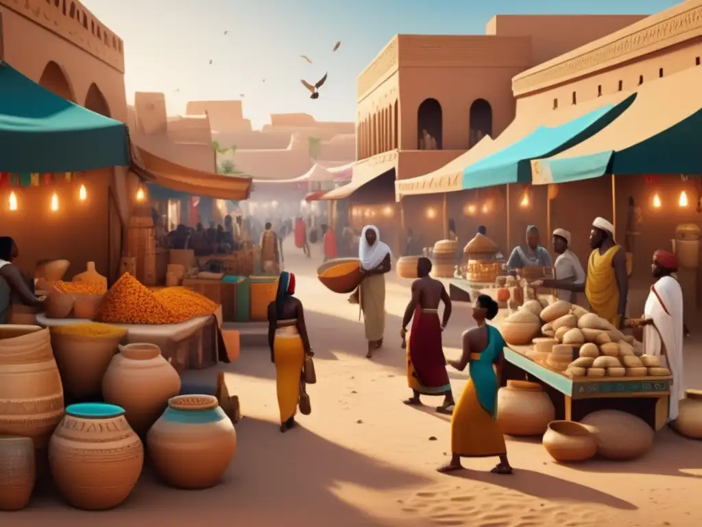 Bullicioso mercado en la antigua Nubia y Egipto, con vibrantes colores y estética vintage