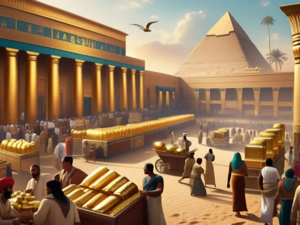 Bullicioso mercado en el antiguo Egipto, comerciantes negocian oro