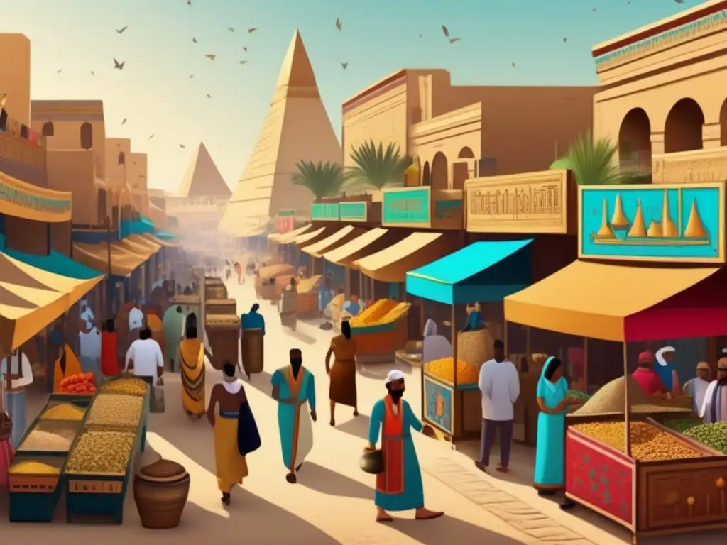 Un bullicioso mercado en el antiguo Egipto con comerciantes, artesanos y scribes