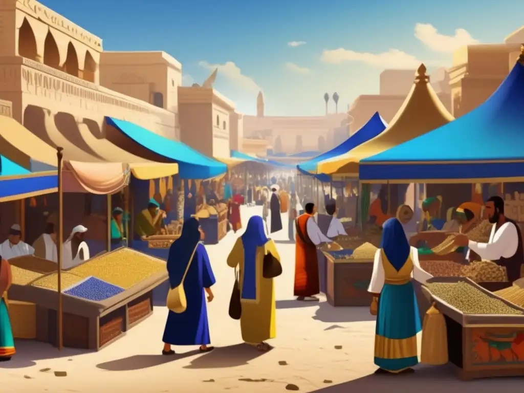 Un bullicioso mercado en el antiguo Egipto, donde comerciantes de diferentes regiones del Mediterráneo intercambian joyas y amuletos de lapislázuli
