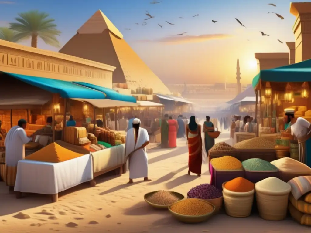Un bullicioso mercado antiguo en Egipto, donde comerciantes ofrecen textiles, especias y más